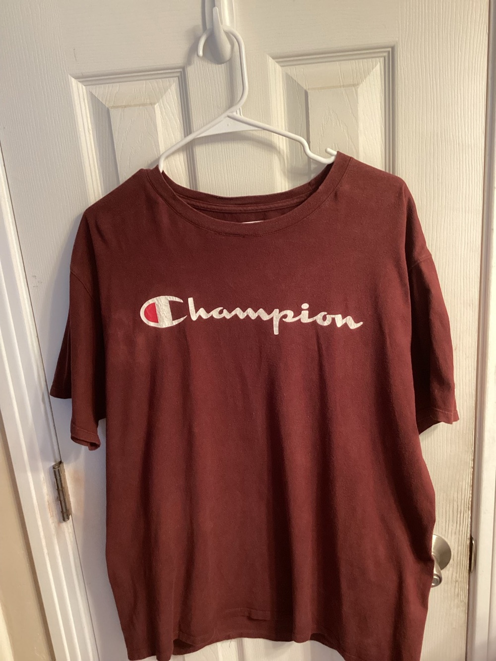 Champion, Burgundy Script ,Logo Tee,Size Large
